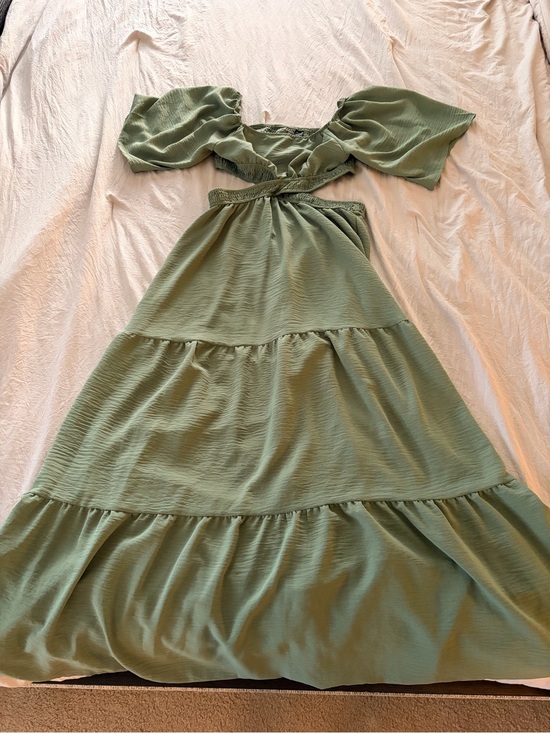 SHEIN Dresses & Skirts - SHEIN Olive Green Tiered Maxi with Puff Sleeves and Cutout Waist